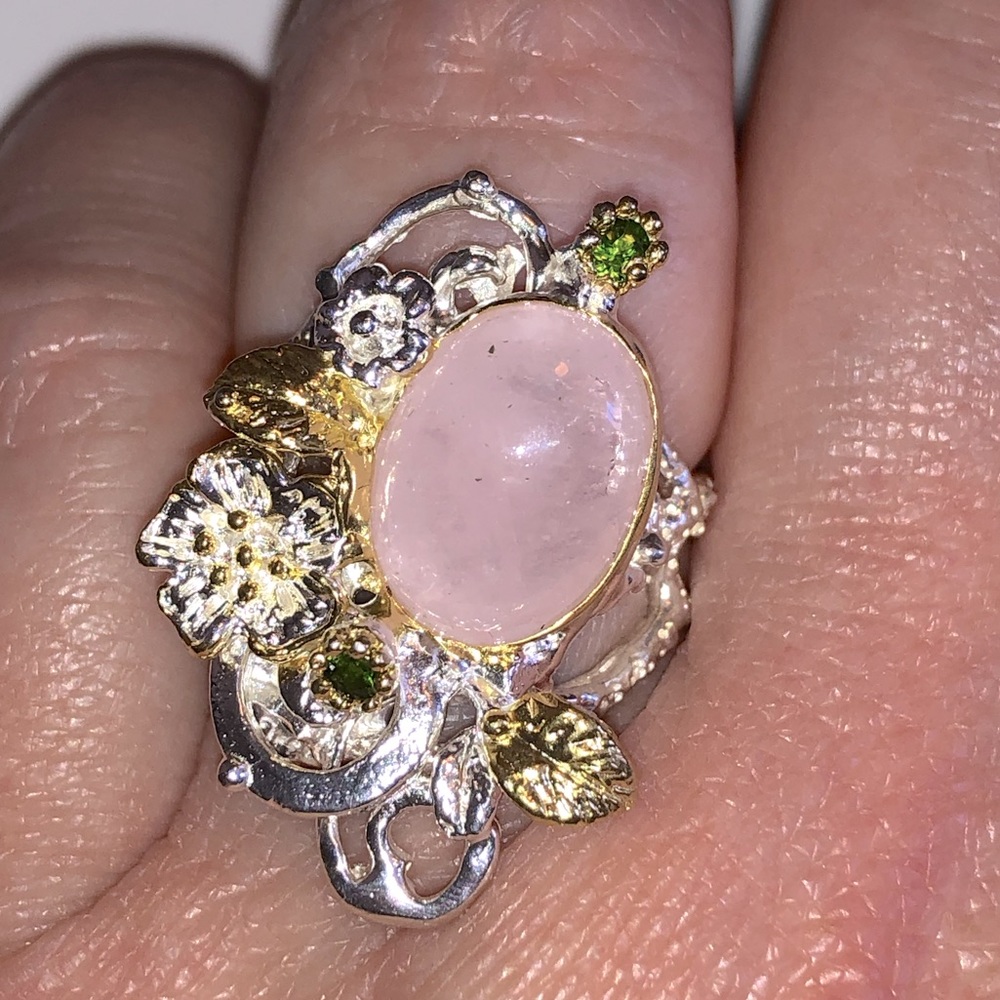 Sterling silver and genuine pink morganite & chrome diopside artisan ring size 8